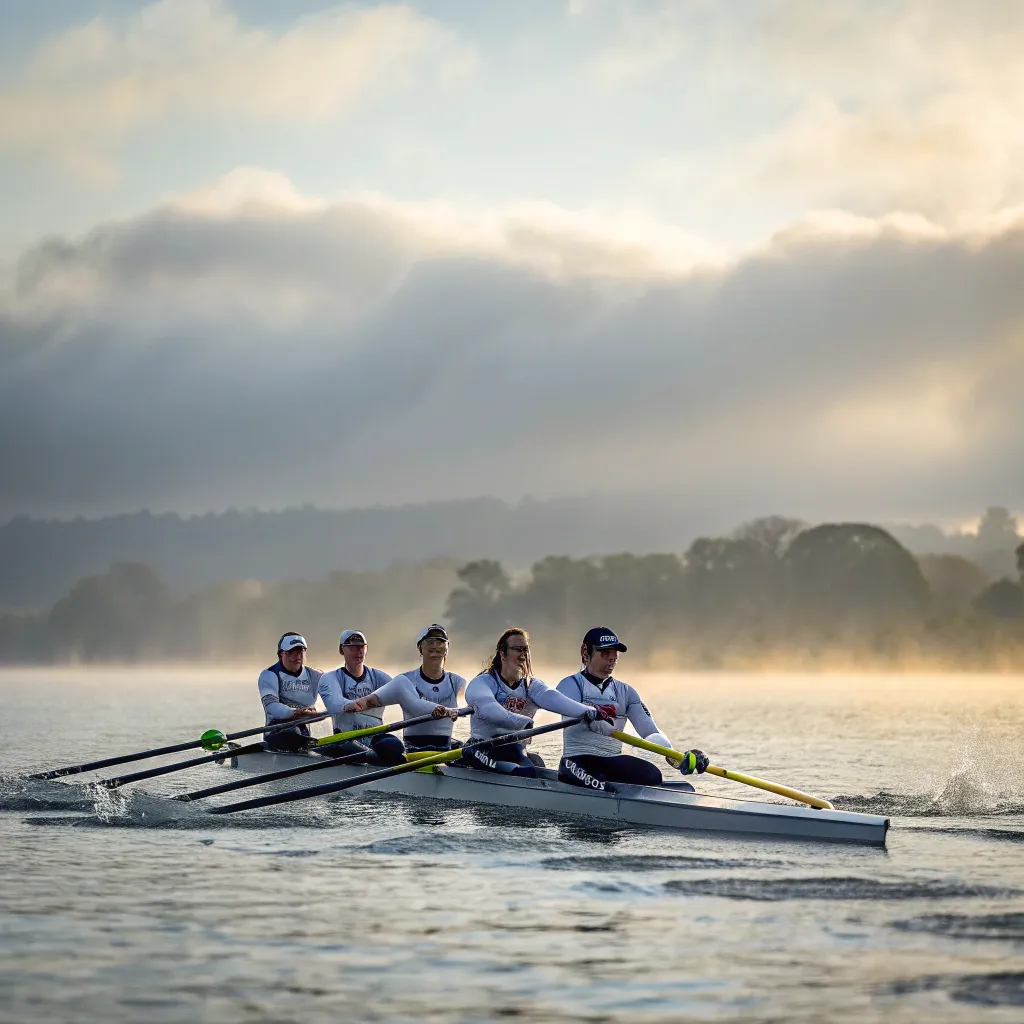 Team of rowing enthusiasts on the water